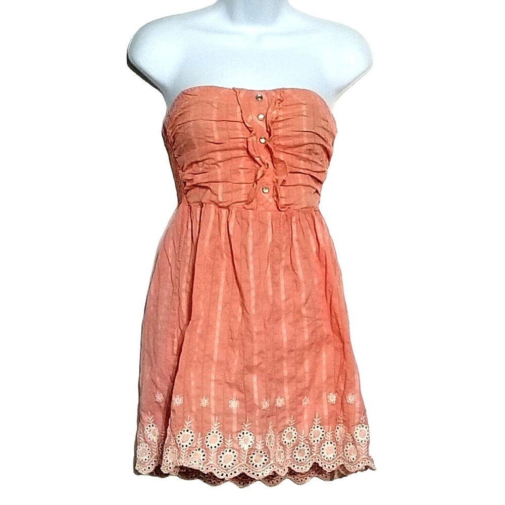 Panhandle Slim Womens Small Peach Pearl Snap Tube Top Western Eyelet Scallop Hem
